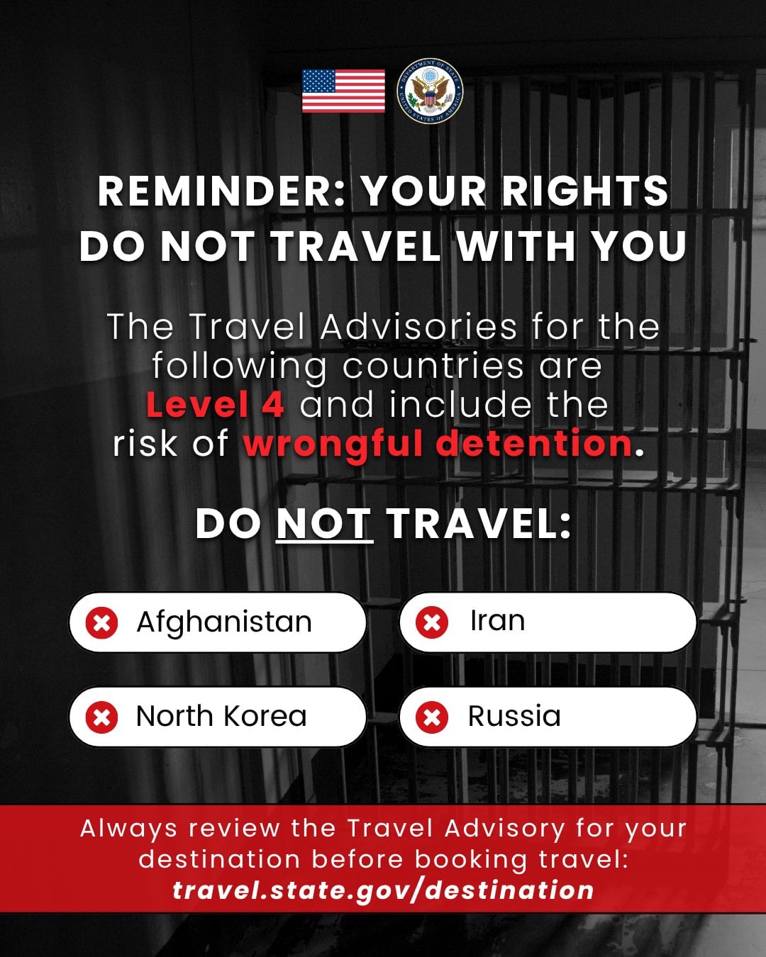 “Sus derechos no viajan con usted”: Estados Unidos insta a sus ciudadanos a evitar viajar a estos países 6 Se identificó naciones específicas como Afganistán, Irán, Corea del Norte y Rusia bajo la categoría de máximo riesgo