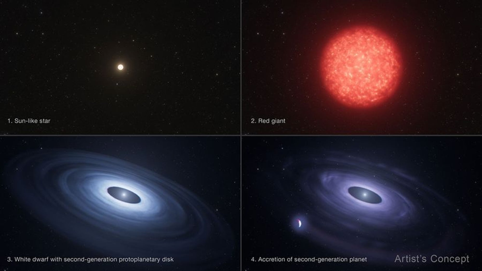 NASA imagina la evolución de una estrella similar al Sol (1) en una gigante roja envejecida (2) y luego en una pequeña y brillante enana blanca rodeada por un disco de sus capas exteriores expulsadas (3), a partir del cual se forma un planeta de segunda generación (4)