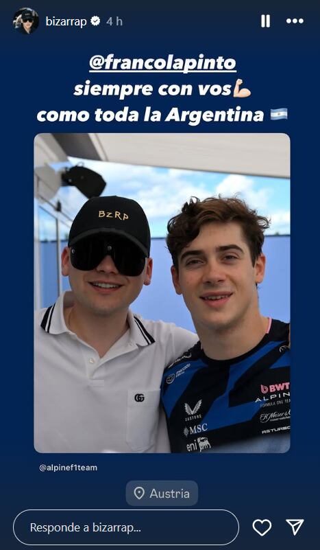 Bizarrap compartió el posteo que hizo la cuenta oficial de Alpine en Instagram y le dedicó un fuerte mensaje de apoyo a su amigo (Foto: Instagram @bizarrap)
