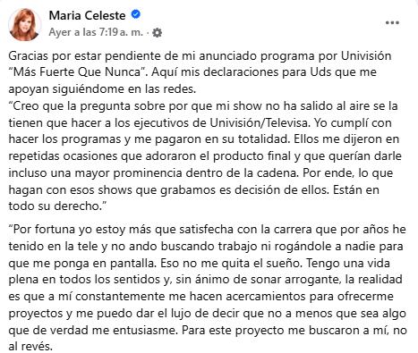 María Celeste comparte un comunicado tras especulaciones sobre su nuevo programa en Univisión (Facebook/ Maria Celeste)