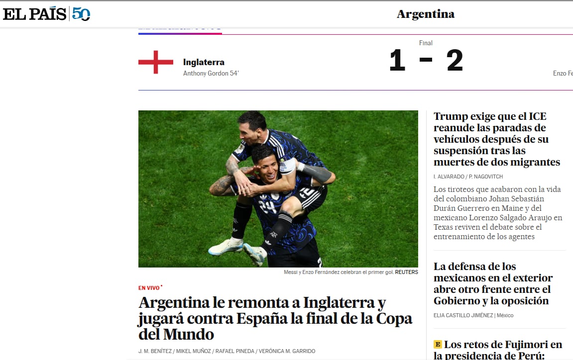 El País valoró la remontada de Argentina
