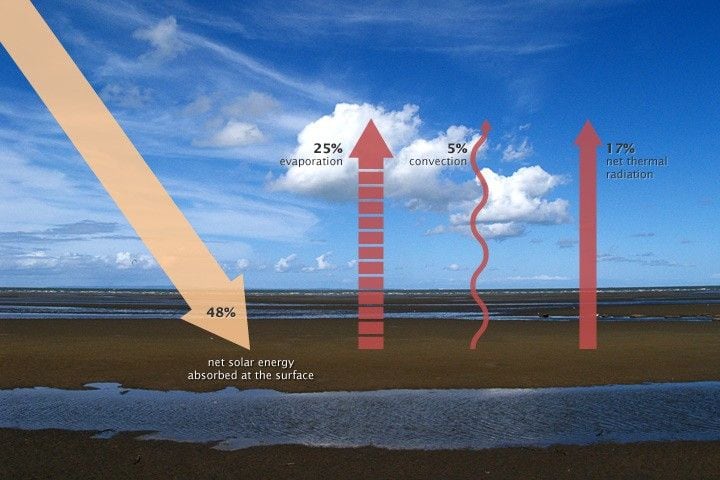 La superficie absorbe aproximadamente el 48% de la luz solar incidente y se elimina mediante la evaporación (25%), la convección (5%) y la radiación infrarroja térmica, o calor (17%)
