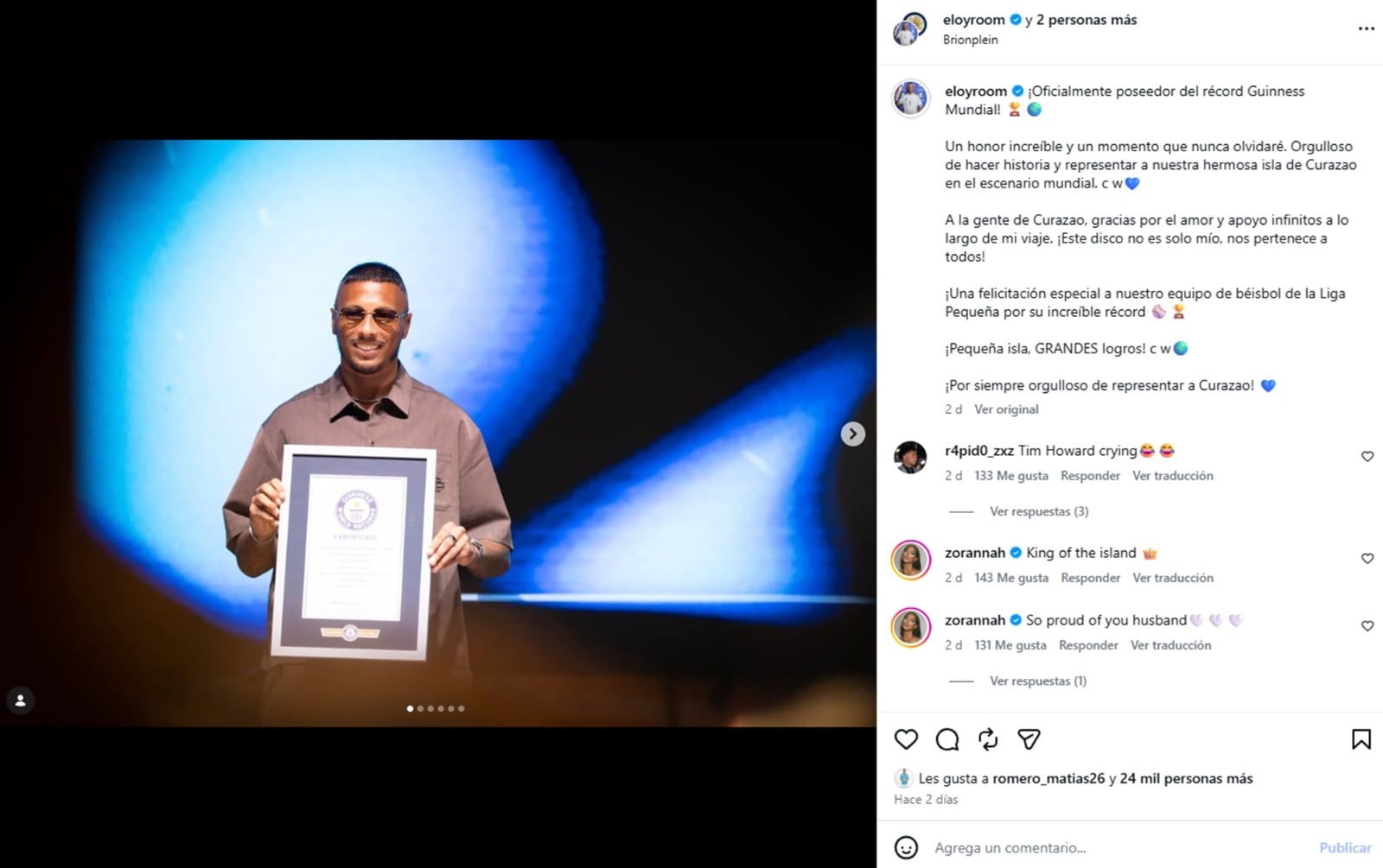 Eloy Room se mostró orgulloso tras recibir la distinción oficial (Foto: Captura Instagram @eloyroom)