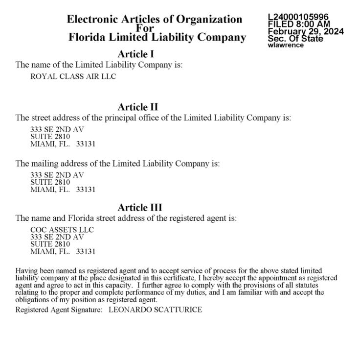 Documento presentado por Royal Class Air LLC en Estados Unidos el 29 de febrero de 2024 con Scatturice como manager