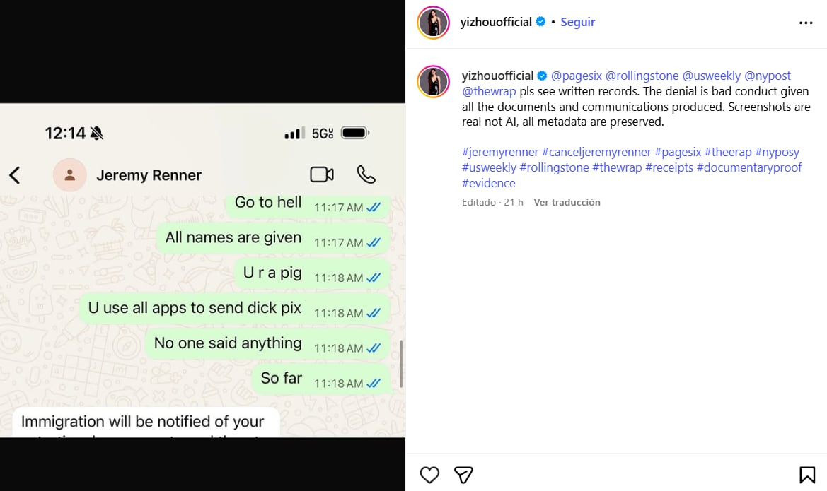 Zhou mostró los mensajes en su cuenta de Instagram
