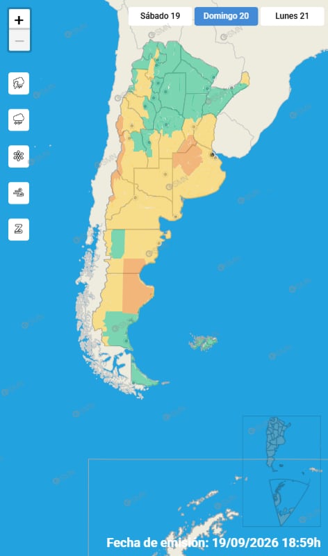 Las alertas emitidas por el SMN para este domingo 20 de septiembre