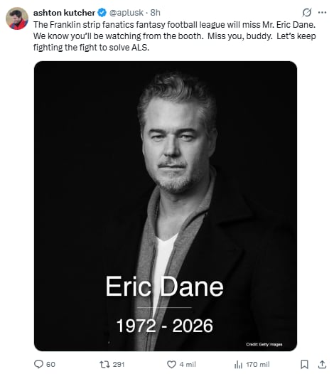 Ashton Kutcher despidió a Eric Dane, con quien trabajó en Día de los enamorados (Foto: X)