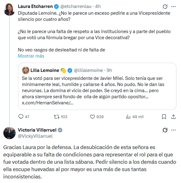 Villarruel respondió a un mensaje que mandó Lemoine a través de una publicación de X