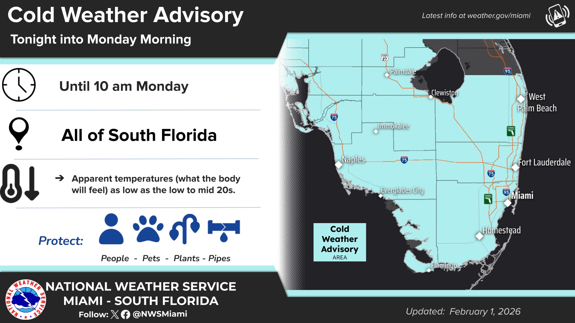 La advertencia por clima frío en Miami se mantendrá hasta la mañana del lunes