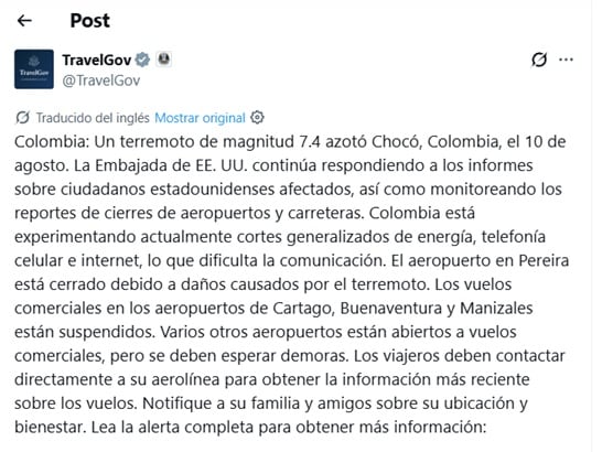 El mensaje de alerta del DOS a los estadounidenses en Colombia