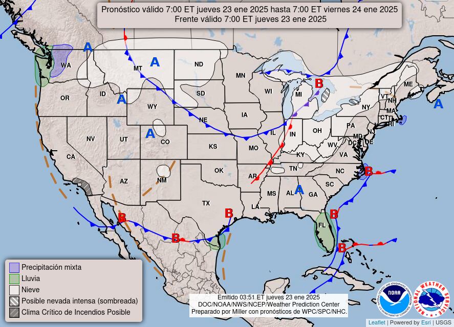 El mapa del pronóstico del clima en EE.UU. para este jueves 23 de enero