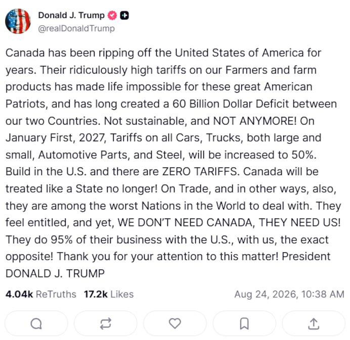 Captura de pantalla de la publicación de Trump. Fuente: Truth Social