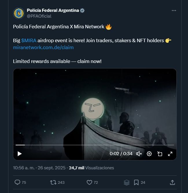 Un tuit de la cuenta oficial de la Policía Federal Argentina promocionando una plataforma cripto