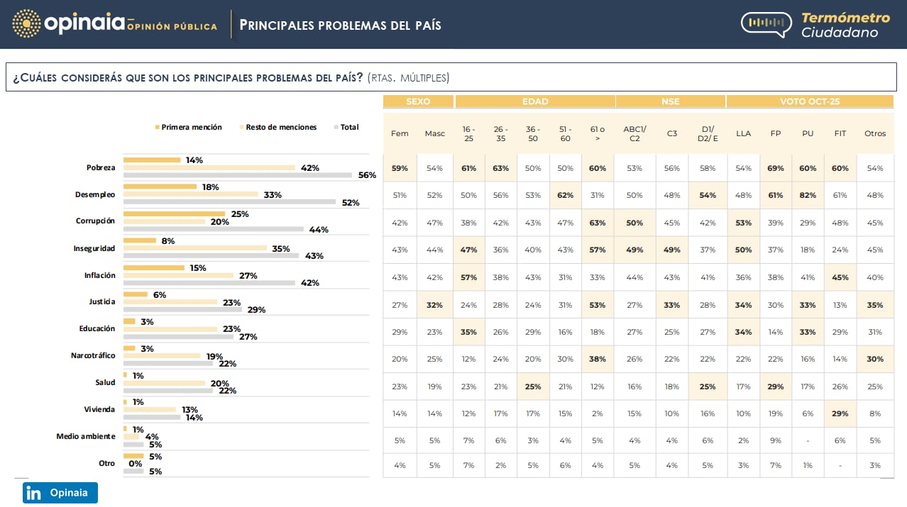 Las principales preocupaciones del país, según los consultados de la encuesta Termómetro Ciudadano