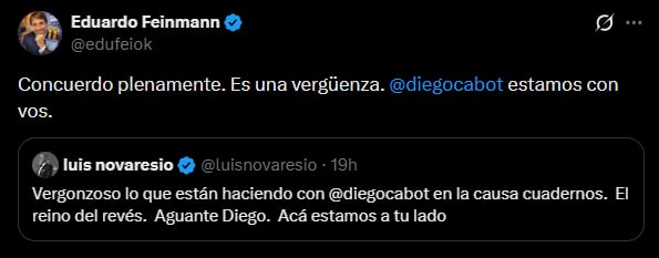 Los mensajes de Eduardo Feinmann y Luis Novaresio en solidaridad con Diego Cabot