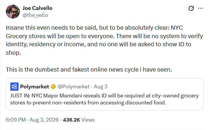 Joe Calvello, el secretario de prensa de Mamdani, aseguró que el rumor sobre el pedido de ID en los nuevos supermercados era “el ciclo de noticias en línea más absurdo y falso que he visto