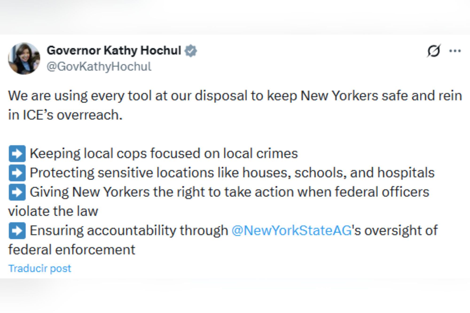 Hochul detalló el plan para limitar los operativos del ICE en Nueva York