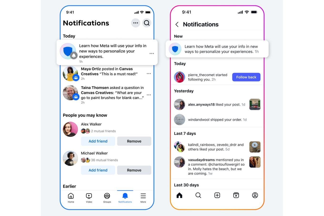 Las notificaciones que mostrará Meta en sus apps avisando que ahora usará las interacciones con la IA para configurar el algoritmo que define el contenido que se puede ver