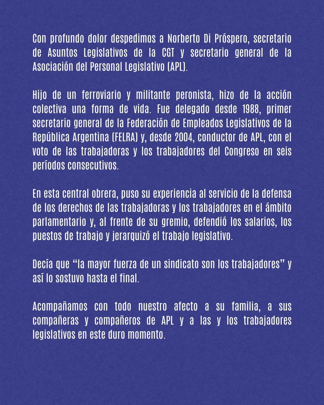 La CGT publicó un comunicado despidiendo al sindicalista muerto
