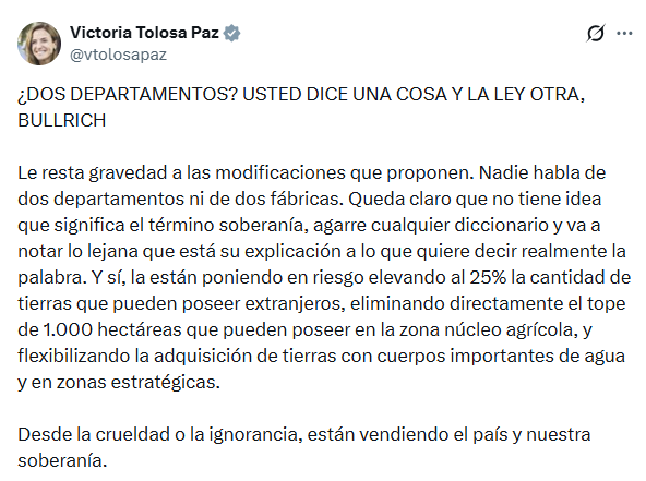 Bullrich apuntó contra Villarruel por permitirle votar a distancia a una senadora kirchnerista: “Es un mamarracho” 6 El posteo de Tolosa Paz al que aludió Bullrich
