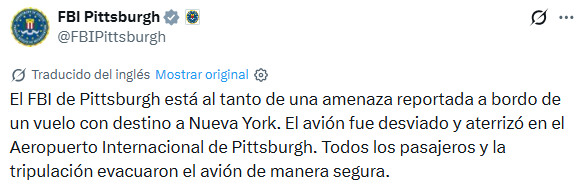 El FBI de Pittsburgh señaló que los pasajeros y la tripulación lograron salir del avión a salvo