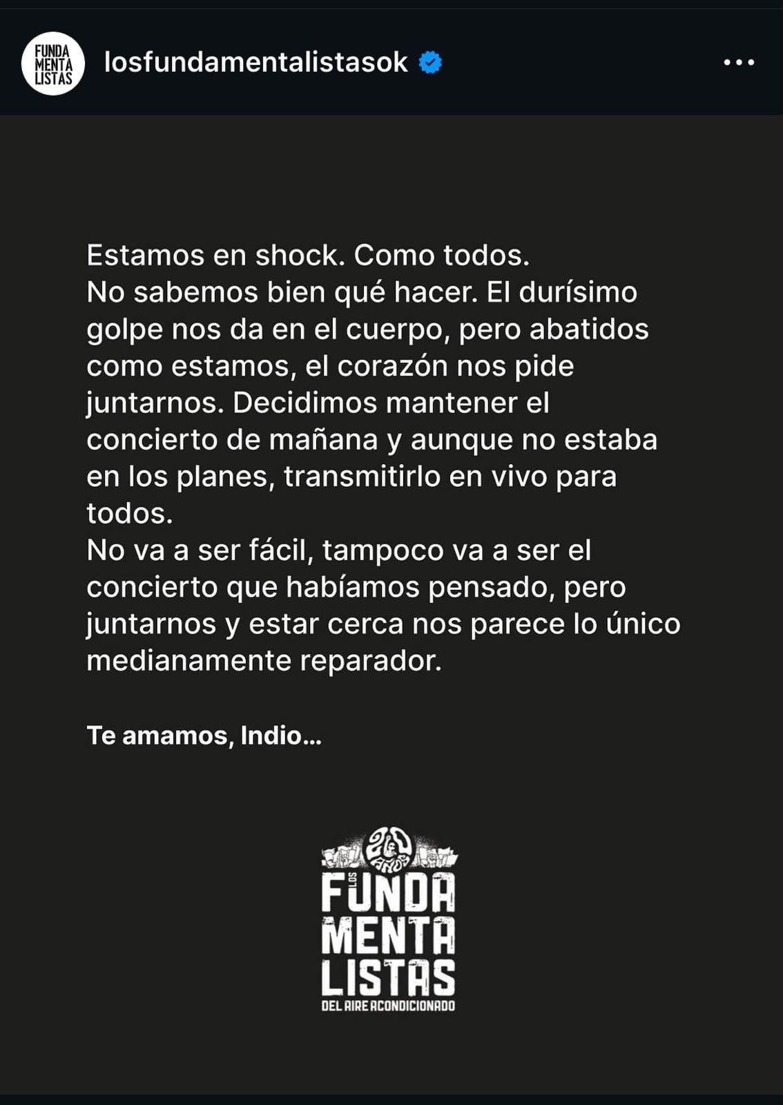 El posteo de los Fundamentalistas del Aire Acondicionado en el adiós del Indio