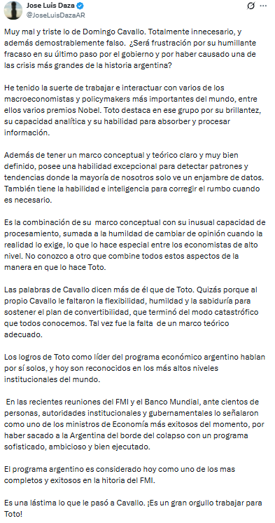 José Luis Daza salió al cruce de Cavallo tras sus críticas a Luis Caputo
