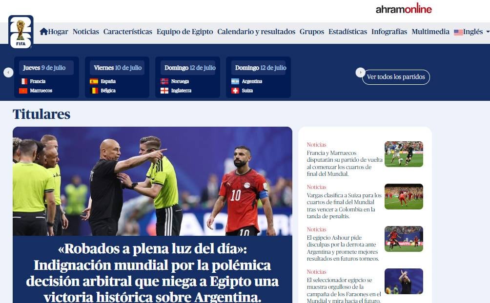 Otra portada de un medio egipcio tras la derrota ante Argentina.