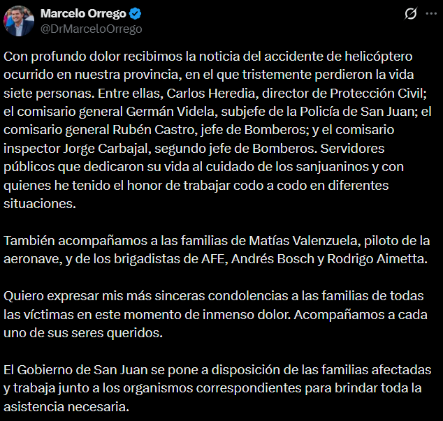Posteo de Marcelo Orrego sobre el accidente en San Juan