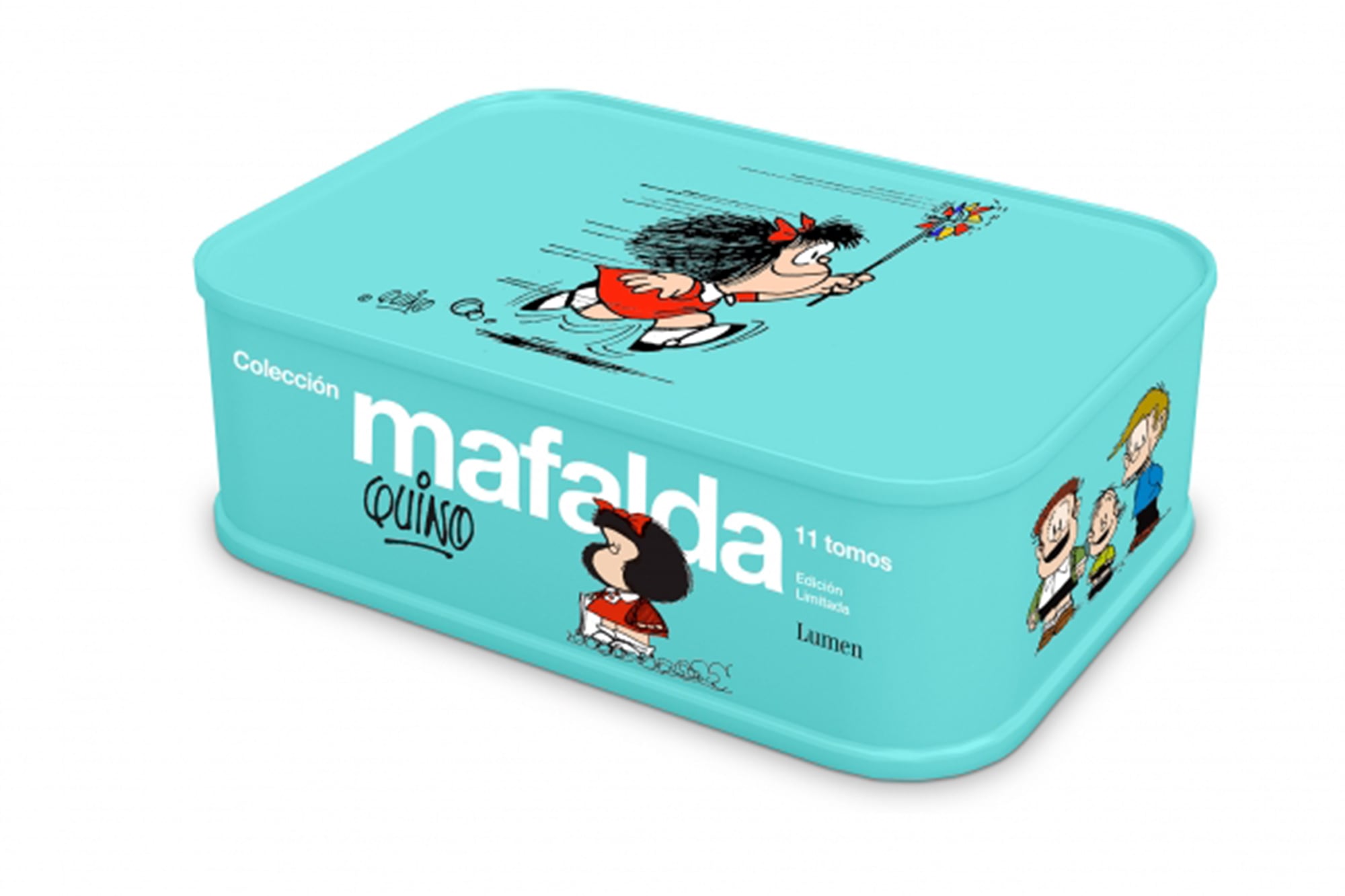 Once tomos de Mafalda, en una caja de lata ilustrada