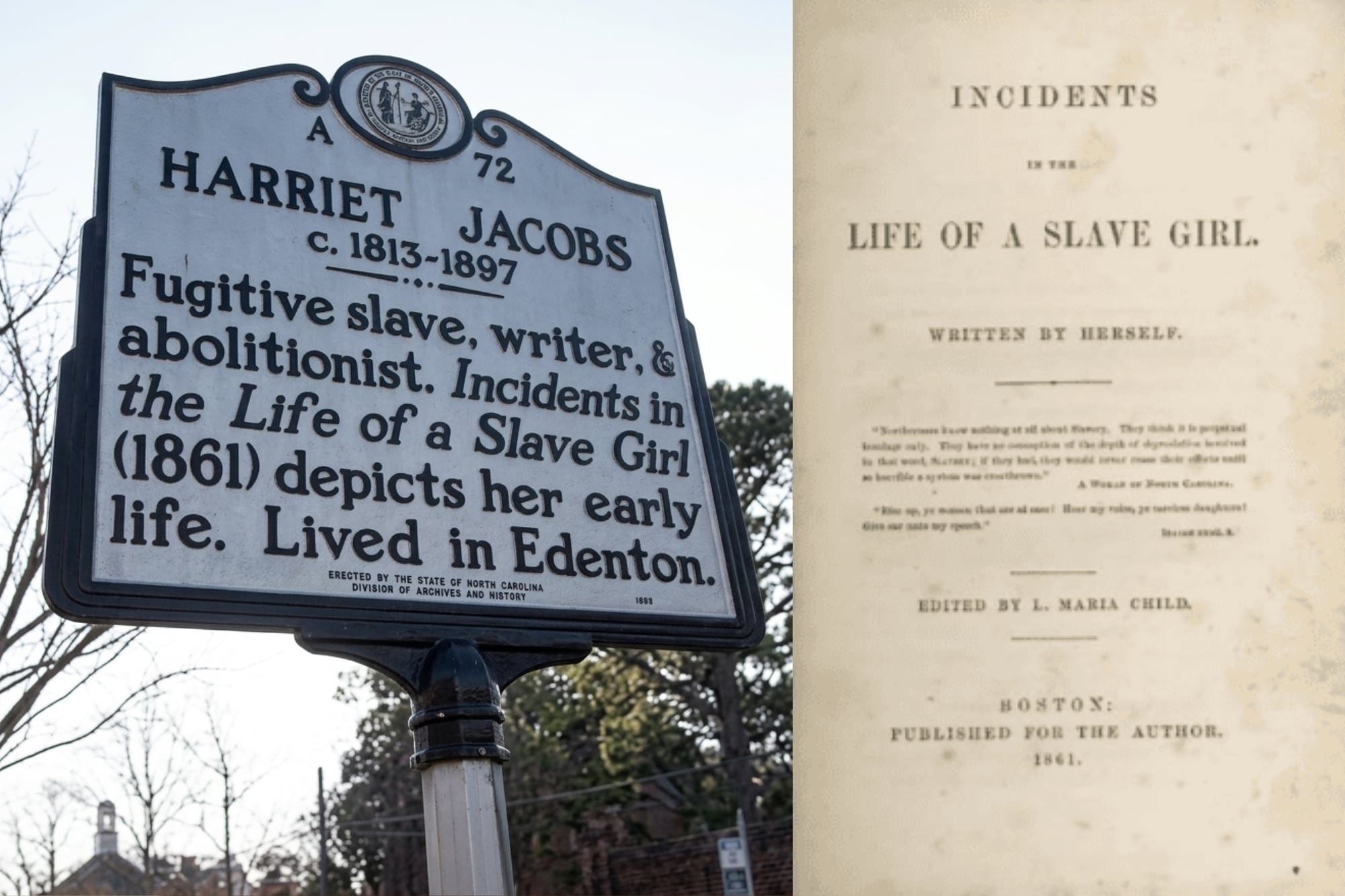 Una placa conmemorativa y la tapa del libro de Harriet Jacobs
