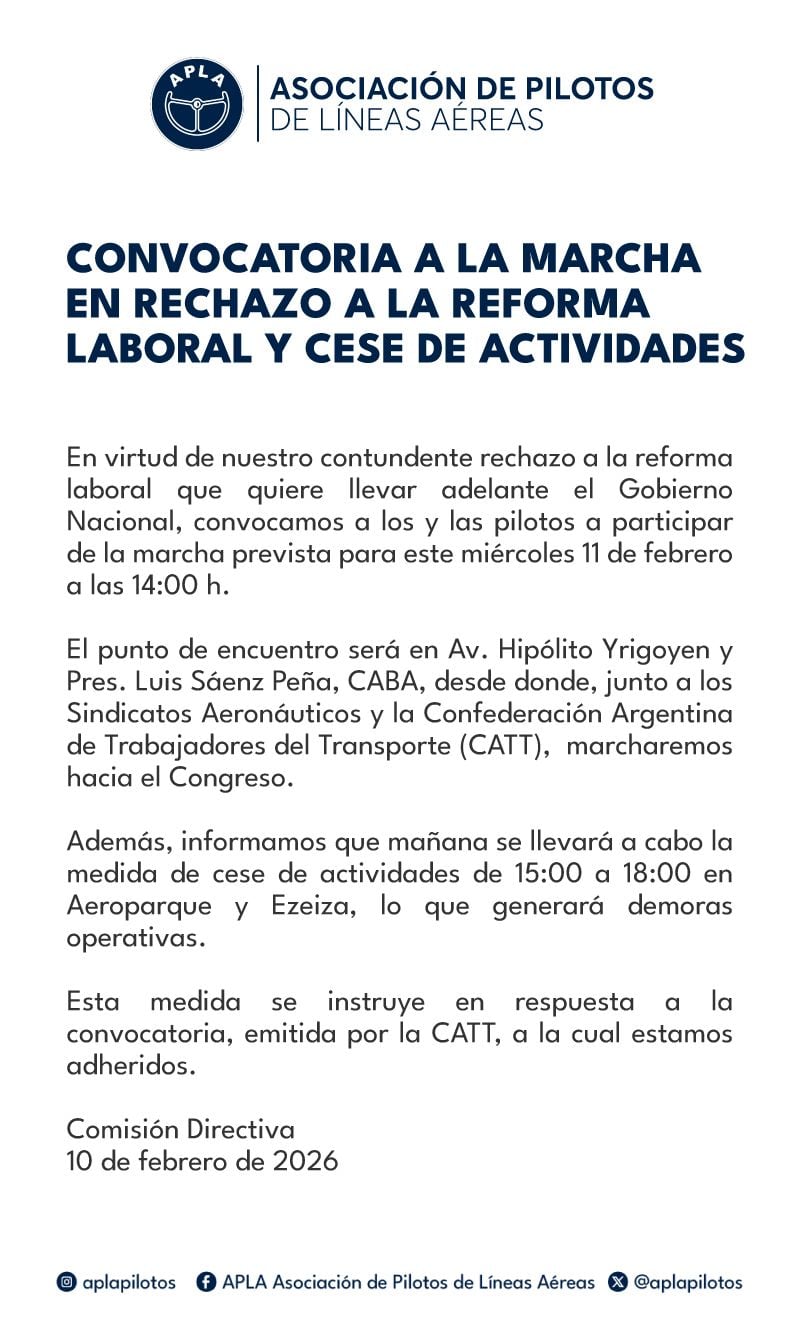 La medida de fuerza de APLA afectará el cronograma de vuelos entre las 15 y las 18 del miércoles 11 de febrero