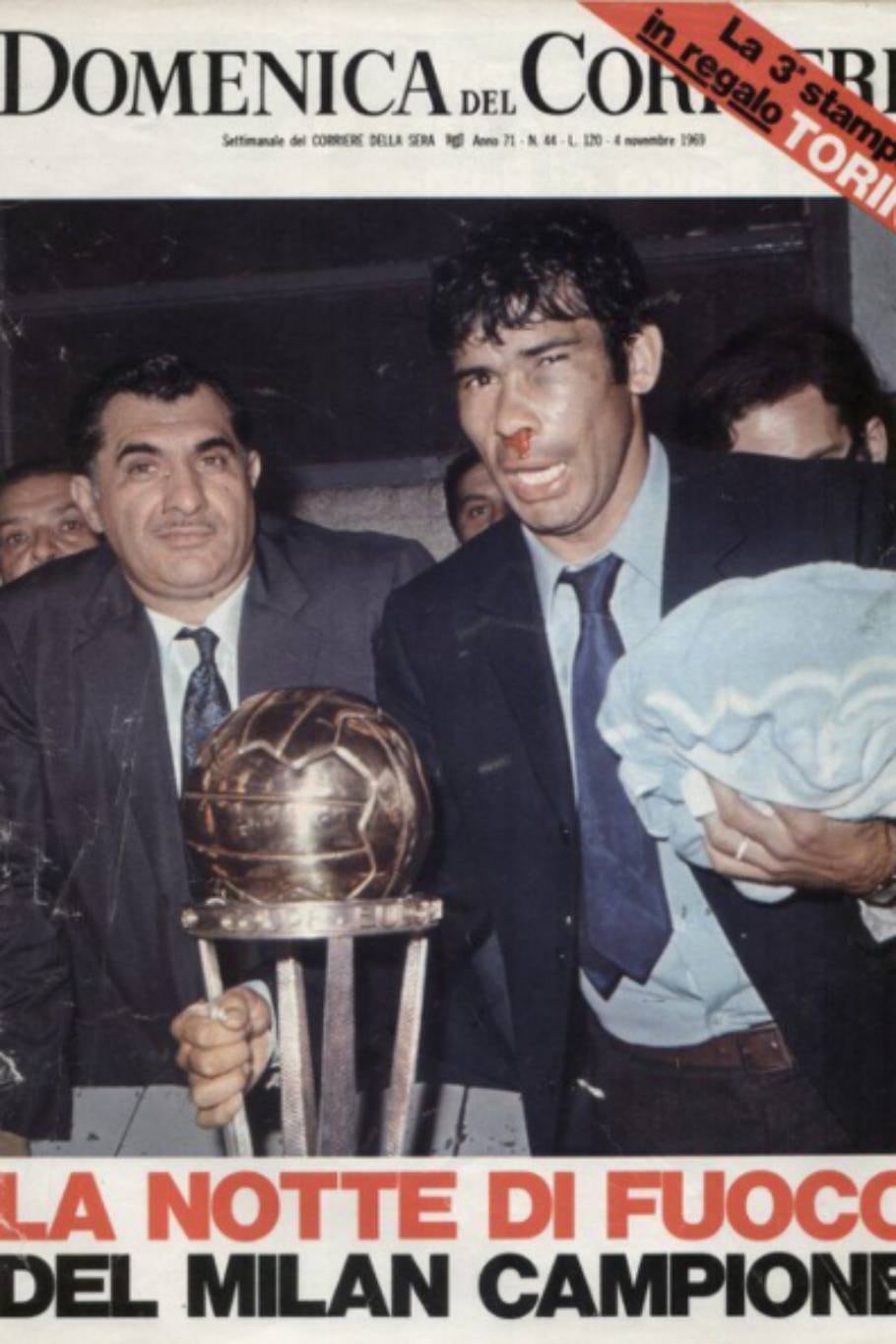 Así quedó Néstor Combin, jugador del Milan, tras la segunda final contra Estudiantes de La Plata, el 22 de octubre de 1969