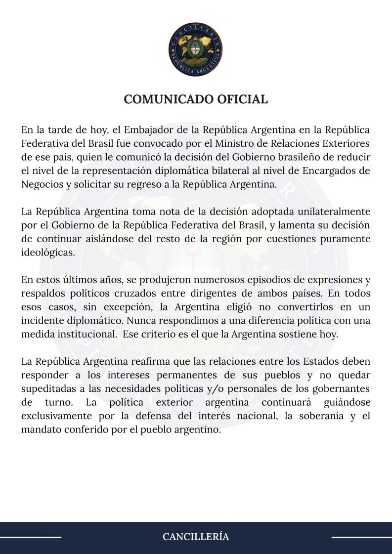 La respuesta de la Cancillería argentina tras la decisión de Brasil de no reponer a su embajador y rebajar la relación con diplomática