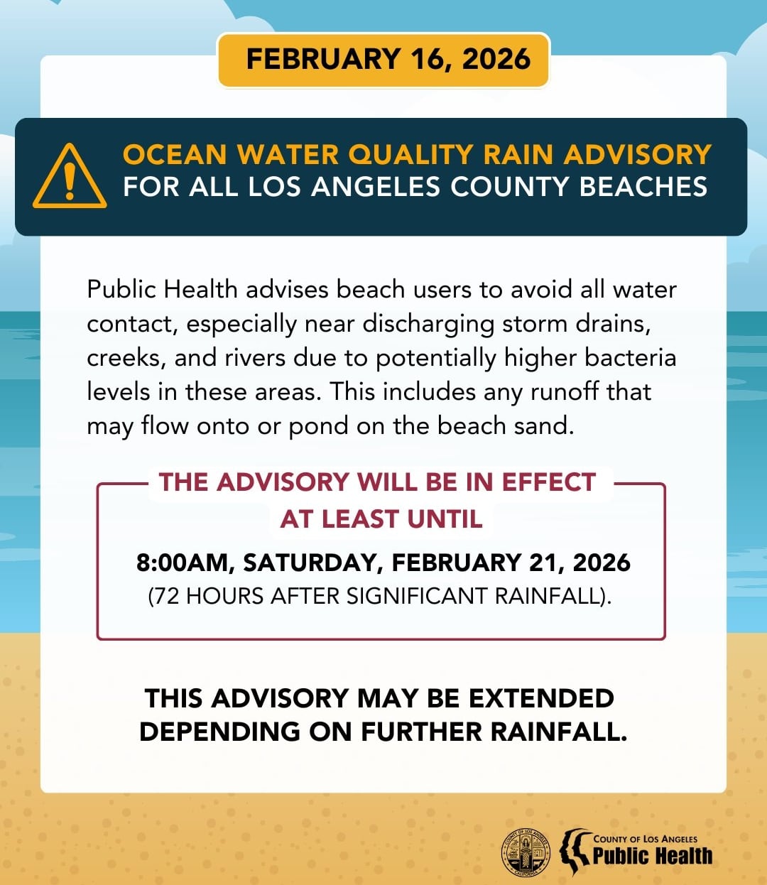 Se ha declarado una alerta de lluvia por la calidad del agua del océano para todas las playas del condado de Los Ángeles