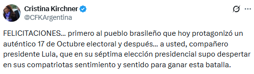 Cristina Kirchner felicitó a Lula y calificó la jornada como “un auténtico 17 de Octubre electoral”