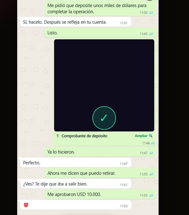 Capturas de pantallas de la estafa virtual que sufrió Mario