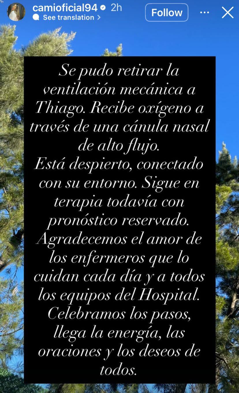 Camila compartió una actualización del estado de salud de Thiago Medina