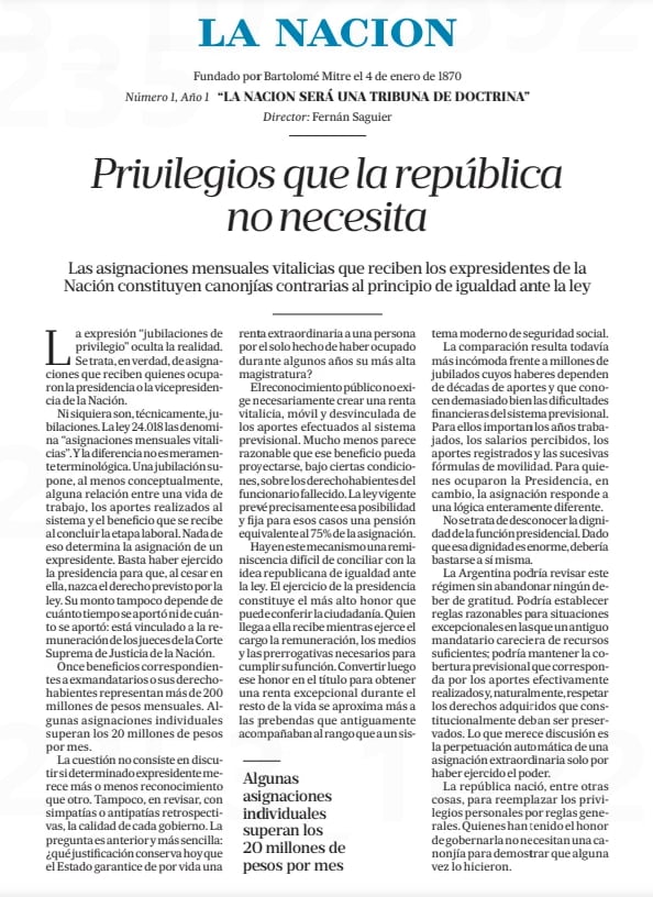 La editorial publicada por LA NACION y firmada por Fernán Saguier, director periodístico de este medio