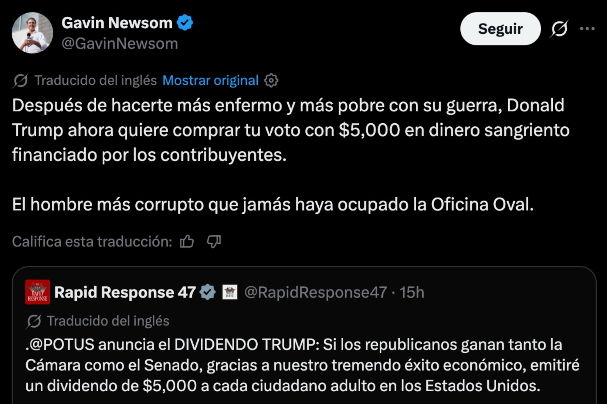 El gobernador de California calificó la propuesta como “dinero sangriento financiado por los contribuyentes”