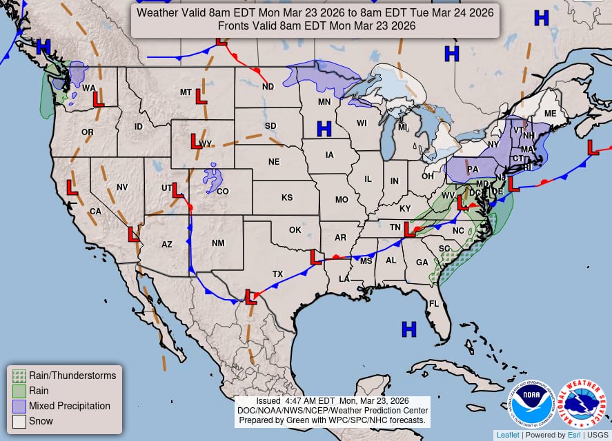Llegó la primavera pero siguen las nevadas: ¿cuándo cambiará el panorama en Estados Unidos? 6 El NWS monitorea el desplazamiento de un sistema frontal hacia el sur que, tras su paso, consolidará un sistema de alta presión con condiciones secas en el Atlántico medio hacia mediados de semana