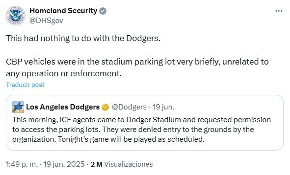 Respuesta del Departamento de Seguridad Nacional a Los Angeles Dodgers. Foto: X