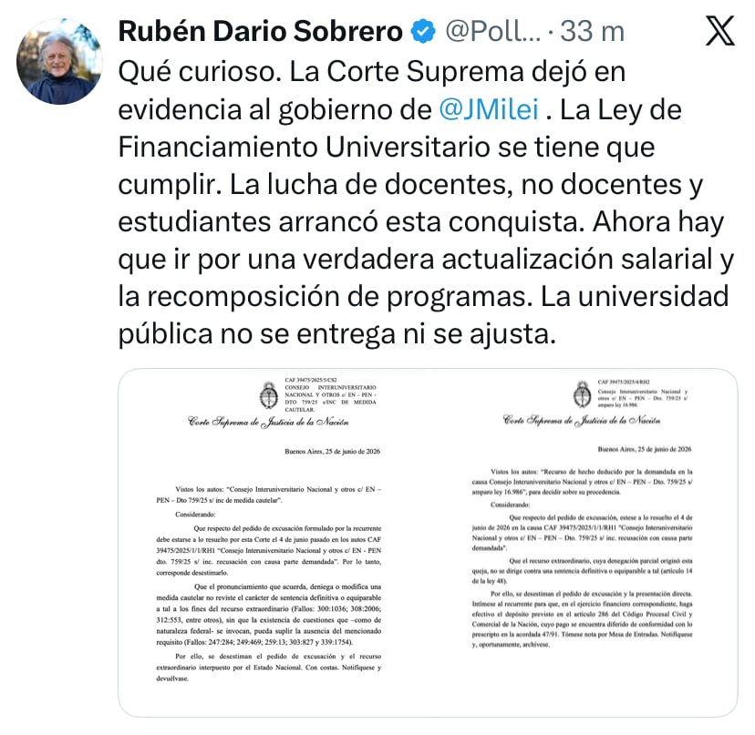 El posteo del 'Pollo' Sobrero