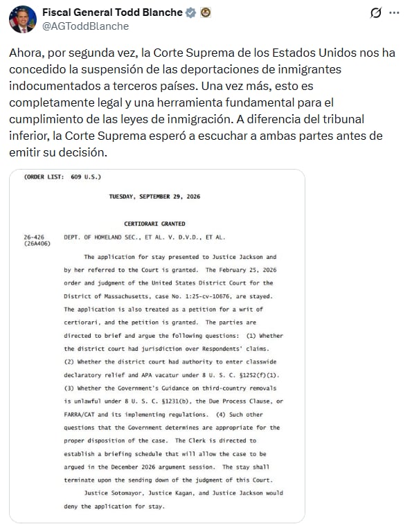 El fiscal general de EE.UU., Todd Bianche, celebró el fallo de la Corte Suprema y aseguró que la deportación a terceros país