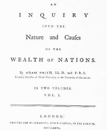 Primera página de La riqueza de las naciones, en su edición de Londres de 1776, el libro más famoso de Adam Smith y una obra clave en la historia del pensamiento económico (Wikipedia)