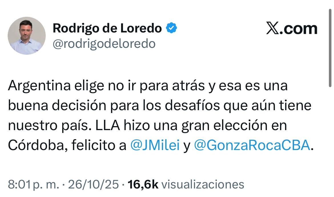 De Loredo celebró la victoria de LLA en Córdoba (Foto: Captura X)