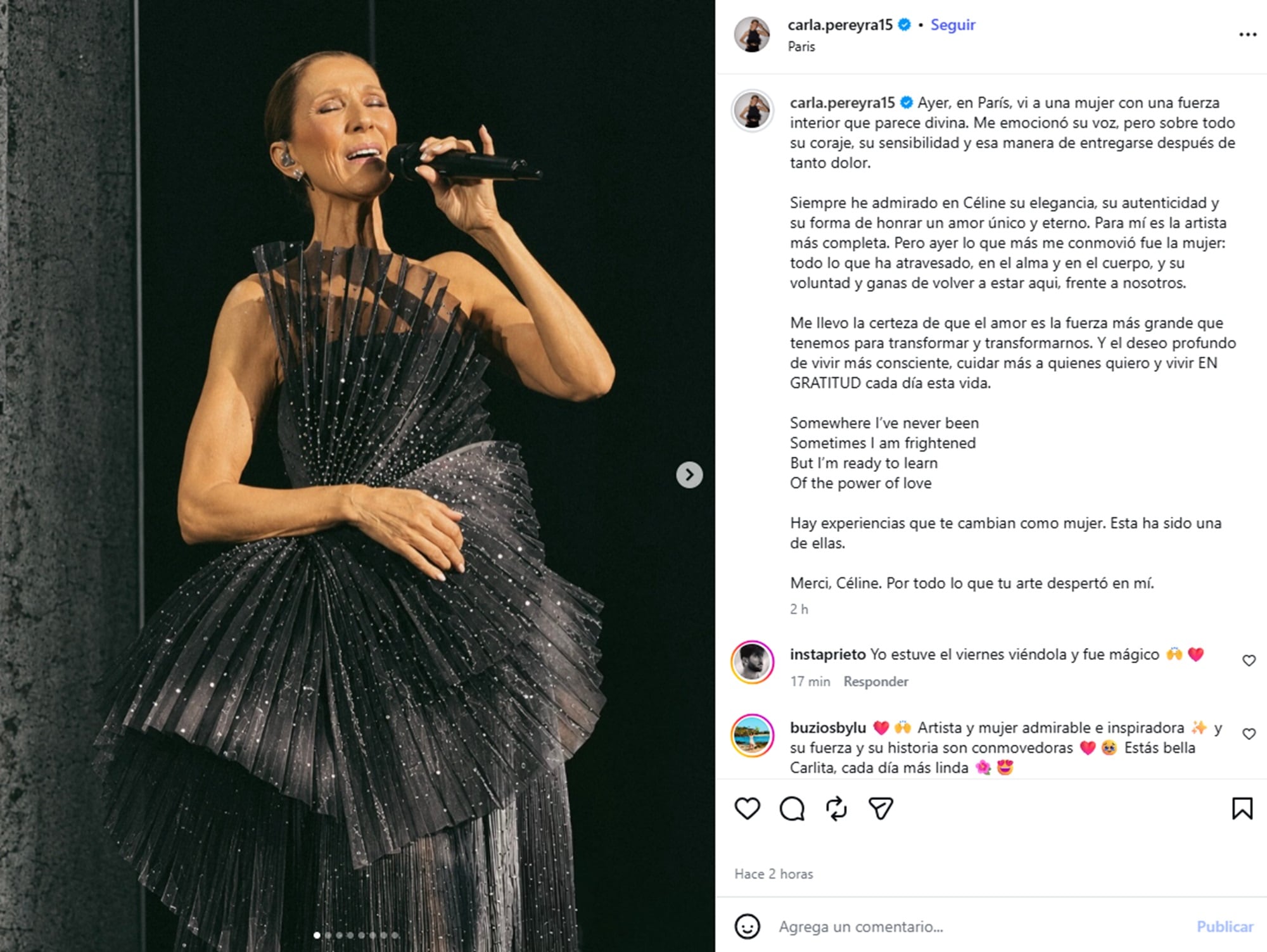 La sentida publicación de Carla Pereyra tras el show de Céline Dion