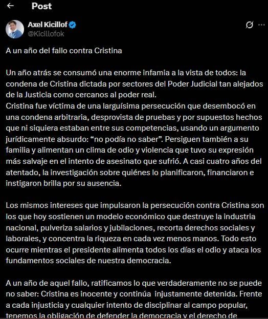 Kicillof publicó un mensaje al cumplirse un año de la detención de Cristina Kirchner El mensaje de Kicillof al cumplirse un año de la detención de Cristina Kirchner por la causa Vialidad.