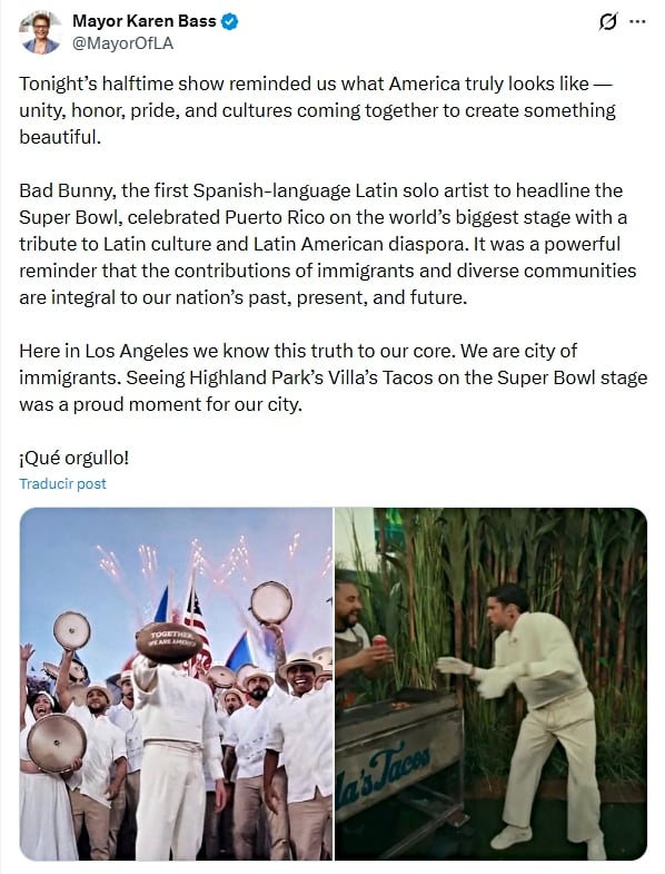 La alcaldesa señaló que ver a Villa's Tacos en el escenario del Super Bowl fue un momento de orgullo para la ciudad