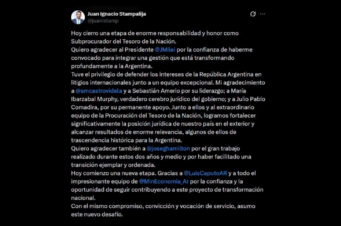 El posteo de Juan Ignacio Stampalija tras su flamante designación como secretario Legal y Administrativo del Ministerio de Economía